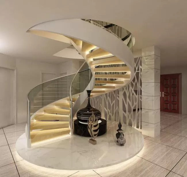 YHS Custom solid surface stone Spiral Staircase Glass Handrail Modern