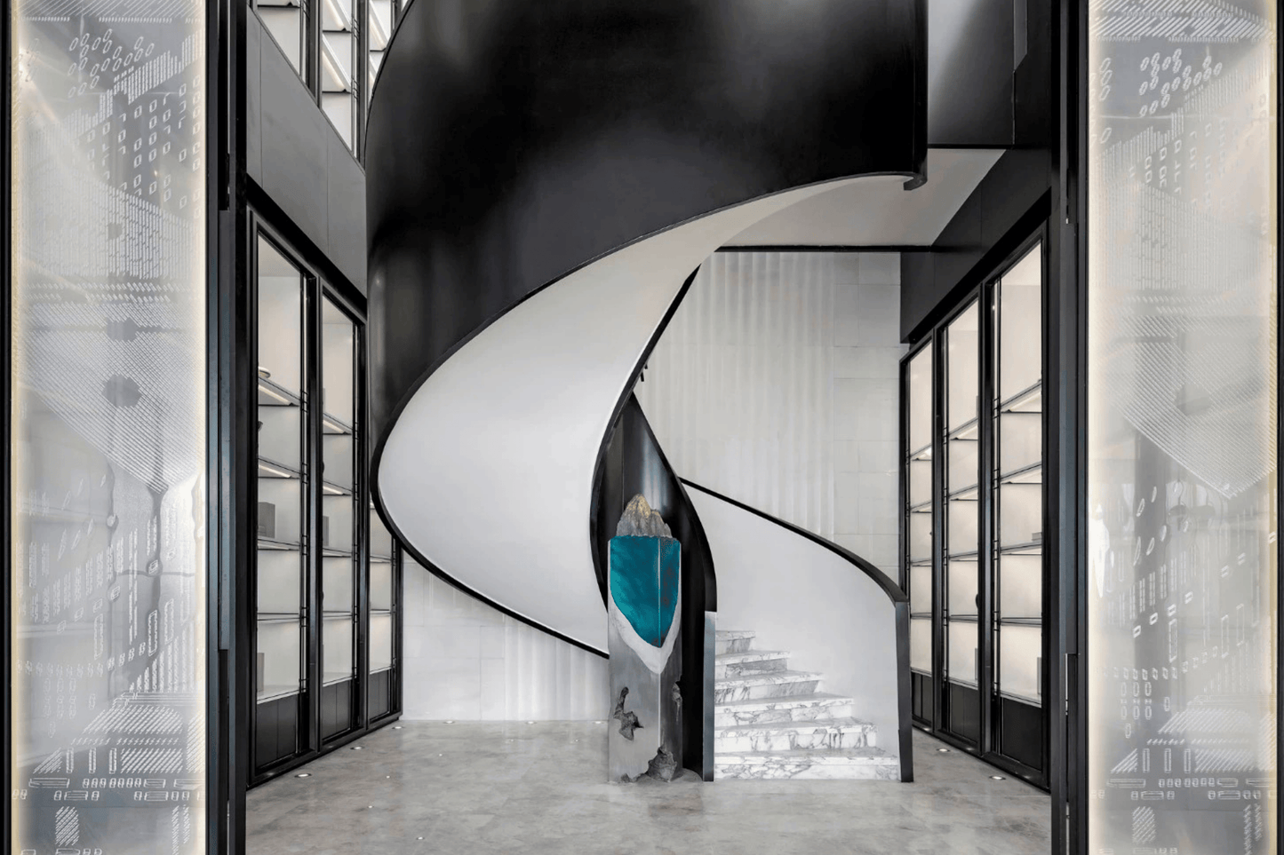 YHS Custom solid surface stone Spiral staircase black and white light luxury