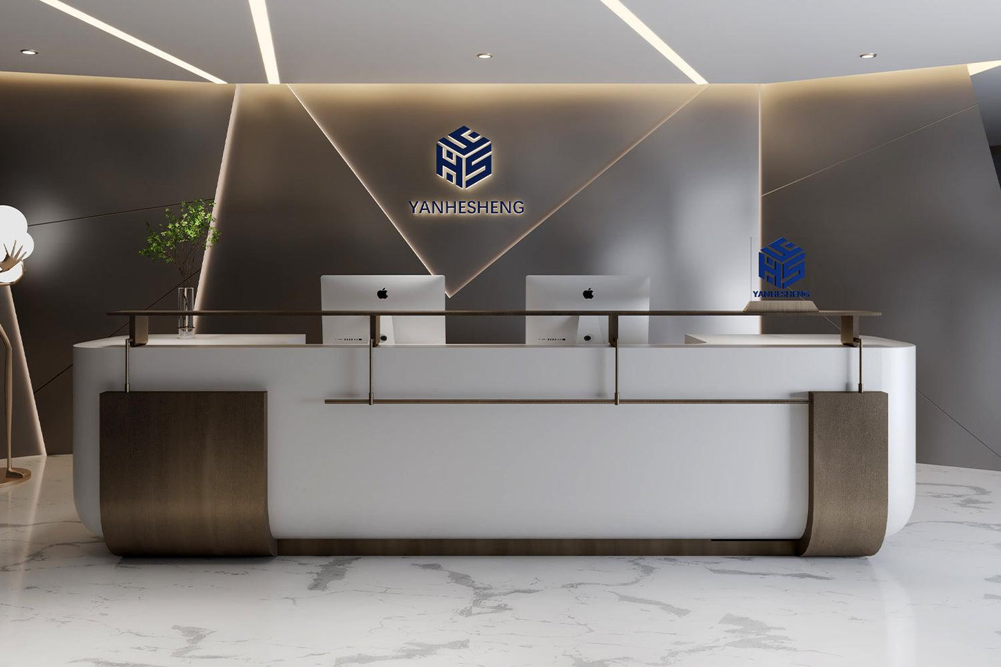 brass metal gold white countertop solid surface reception desk office use 2per 3meter ishape