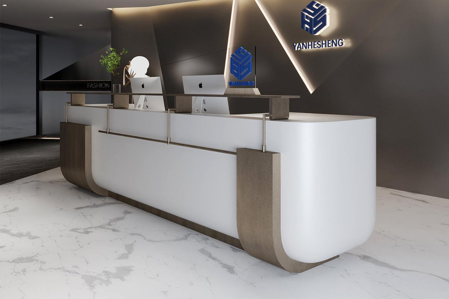 custom solid surface office desk 3meter brass glod and whtie beauty office