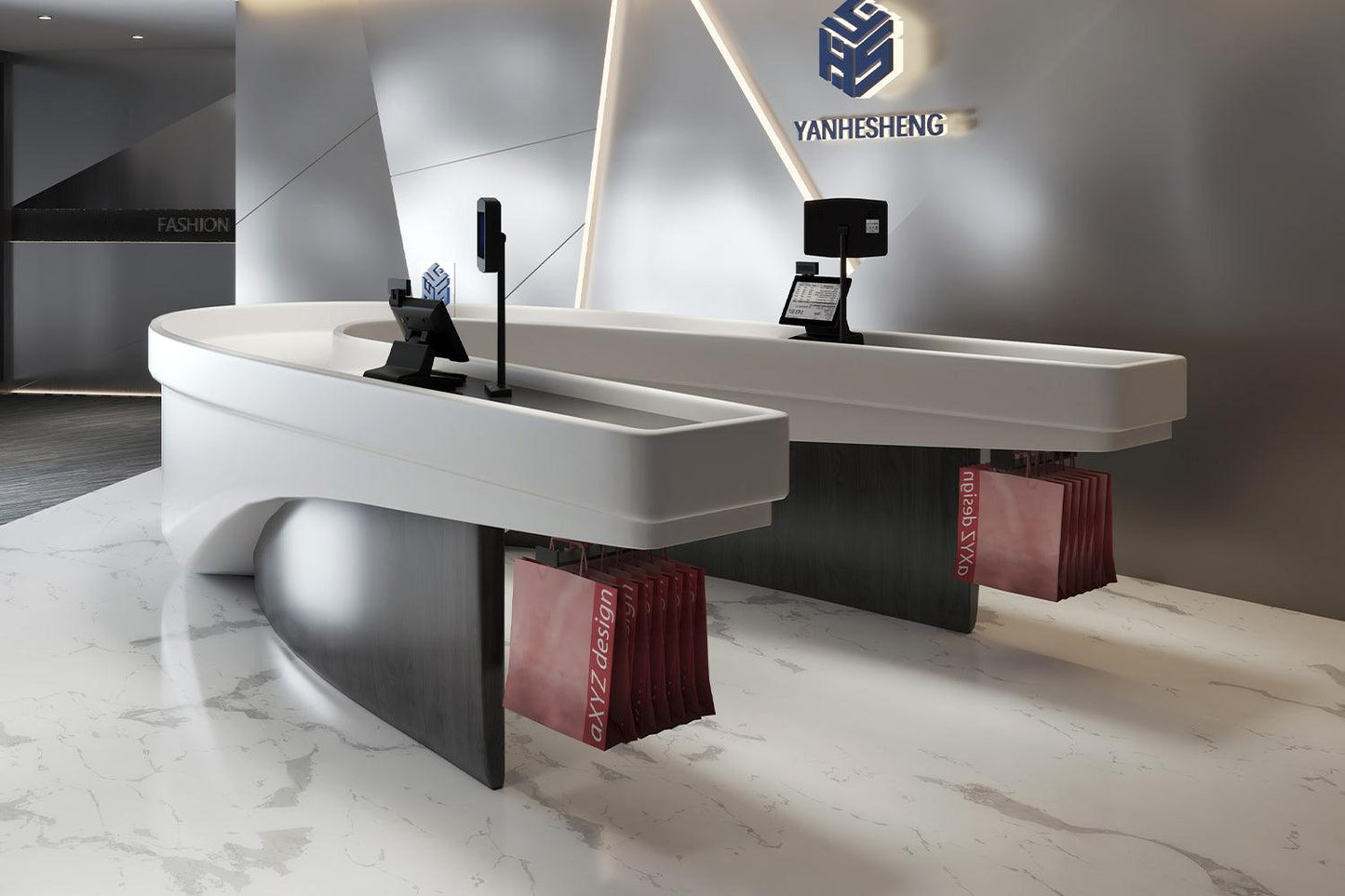 Customized gray and white 4-meter acrylic artificial stone cashier counter