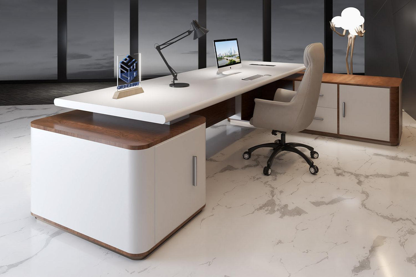 solid surface stone executive desk L shape white office use 220cm arc back design