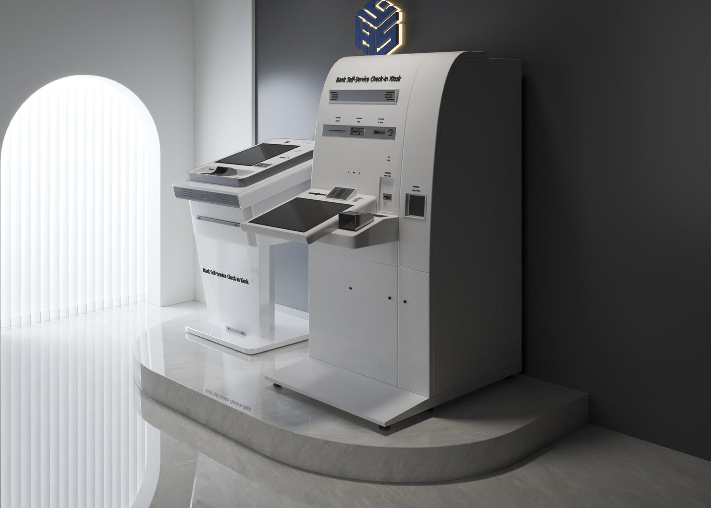 YHS corian custom bank self-service kiosk check in counter at port