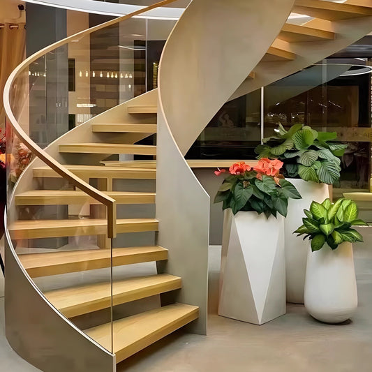 YHS Custom solid surface stone Spiral Staircase Glass Handrail Modern