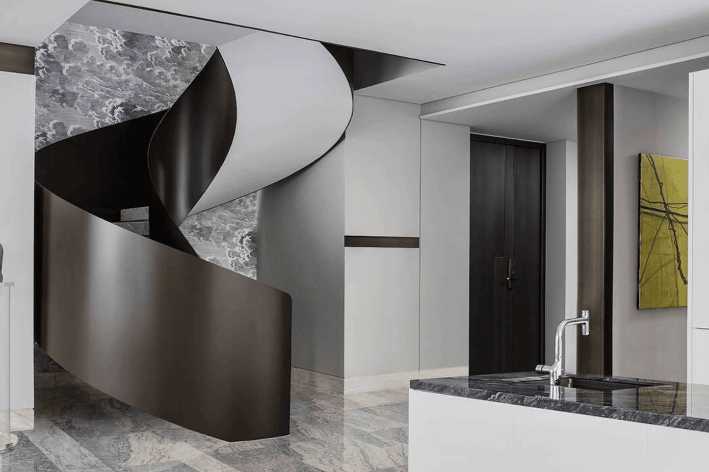 YHS Custom solid surface stone Spiral staircase black and white light luxury