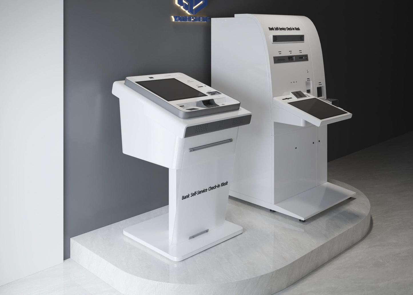 YHS corian custom bank self-service kiosk check in counter at port